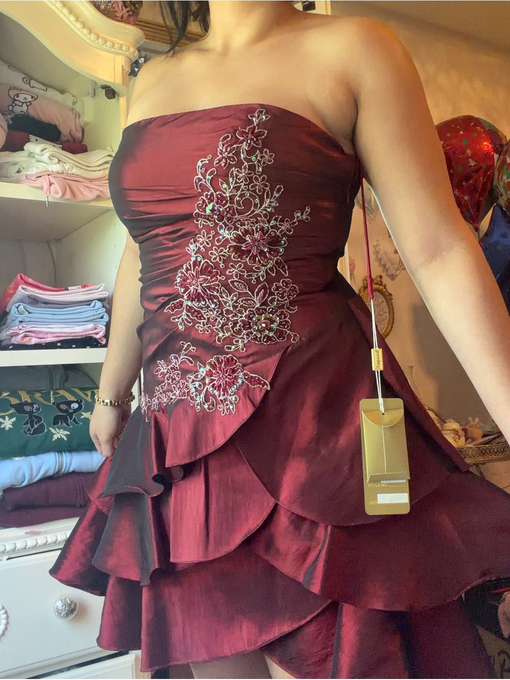 Aspeed Strapless Burgundy Embroidered Tiered Prom Dress